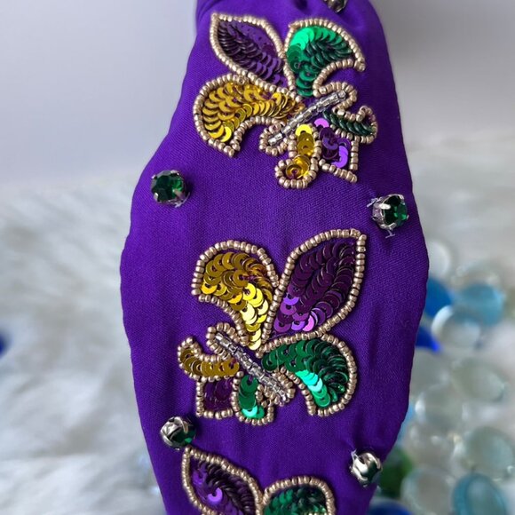 Fleur-de-lis Beaded Knotted Headband NOLA Carnival Style - Picture 2 of 5